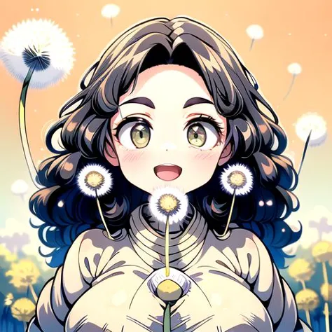 anime girl with big breasts holding dandelions in her hands