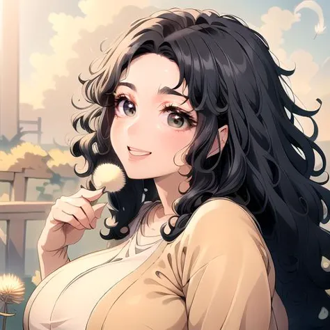 anime girl with long black hair holding a dandel in her hand