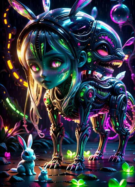 creepy little Japanese alien anime   Alice in Wonderland, and her white rabbit pet, intricately detailed photorealism, trending on artstation, neon lights, rainy night, stunning full body anime art by Mark Ryden, subsurface scattering, ultra hd, 4k, high def, Photorealistic, Hyperrealistic, Hyper detailed, analog style, realistic, masterpiece, best quality, ultra realistic, 8k, Intricate, High Detail, film photography, soft lighting, heavy shadow   <lora:XL_RMSDXL_Creative:0.8>  <lora:XL_DonMSp3ctr4lXL-000008:0.77> DonMSp3ctr4lXL   <lora:ral-bnz-sdxl:0.66> ral-bnz, subsurface scattering, ultra hd, 4k, high def, Photorealistic, Hyperrealistic, Hyper detailed, analog style, realistic, masterpiece, best quality, ultra realistic, 8k, Intricate, High Detail, film photography, soft lighting,  heavy shadow