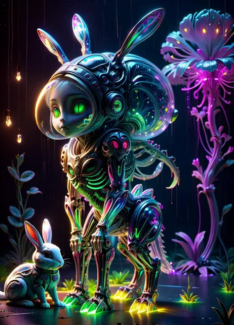 cute little Japanese alien anime Alice in Wonderland, and her white rabbit pet, (standing:1.2), intricately detailed photorealism, trending on artstation, neon lights, rainy night, stunning full body anime art by Mark Ryden, subsurface scattering, ultra hd, 4k, high def, Photorealistic, Hyperrealistic, Hyper detailed, analog style, realistic, masterpiece, best quality, ultra realistic, 8k, Intricate, High Detail, film photography, soft lighting, heavy shadow   <lora:XL_RMSDXL_Creative:0.8>  <lora:XL_DonMSp3ctr4lXL-000008:0.77> DonMSp3ctr4lXL   <lora:ral-bnz-sdxl:0.66> ral-bnz, subsurface scattering, ultra hd, 4k, high def, Photorealistic, Hyperrealistic, Hyper detailed, analog style, realistic, masterpiece, best quality, ultra realistic, 8k, Intricate, High Detail, film photography, soft lighting,  heavy shadow