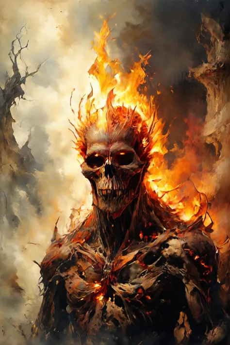 a painting of a skeleton with flames on it's face