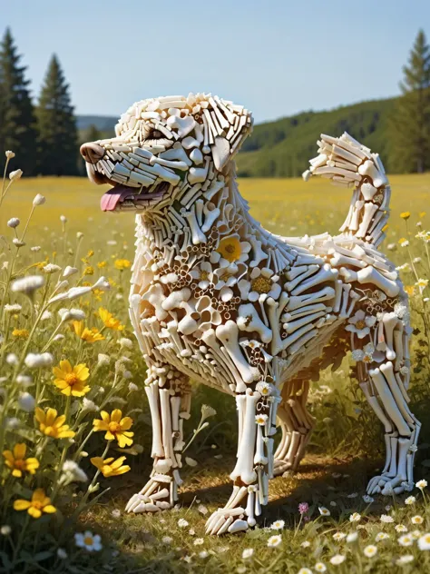 A joyful dog made of ral-bnz, each ral-bnz playfully catching the sunlight as it chases through a meadow filled with wildflowers. <lora:ral-bnz-sdxl:1>, <lora:EnvyBetterHiresFixXL01:0:hr=1>