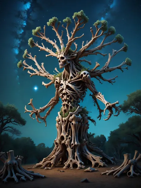 A stoic treant in a mystical grove, its ancient limbs adorned with ral-bnz symbols that tell tales of forgotten eras, under a starlit sky. <lora:ral-bnz-sdxl:1>, <lora:EnvyBetterHiresFixXL01:0:hr=1>