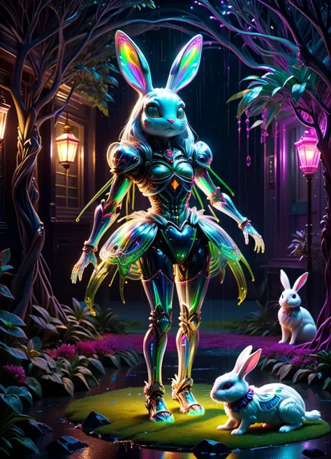 cute little Japanese (alien:0.9) anime Alice in Wonderland, and her white rabbit pet, (standing:1.2), intricately detailed photorealism, trending on artstation, neon lights, rainy night, stunning full body anime art by Mark Ryden, subsurface scattering, ultra hd, 4k, high def, Photorealistic, Hyperrealistic, Hyper detailed, analog style, realistic, masterpiece, best quality, ultra realistic, 8k, Intricate, High Detail, film photography, soft lighting, heavy shadow   <lora:XL_RMSDXL_Creative:0.8>  <lora:XL_DonMSp3ctr4lXL-000008:0.77> DonMSp3ctr4lXL   <lora:ral-bnz-sdxl:0.5> ral-bnz, subsurface scattering, ultra hd, 4k, high def, Photorealistic, Hyperrealistic, Hyper detailed, analog style, realistic, masterpiece, best quality, ultra realistic, 8k, Intricate, High Detail, film photography, soft lighting,  heavy shadow