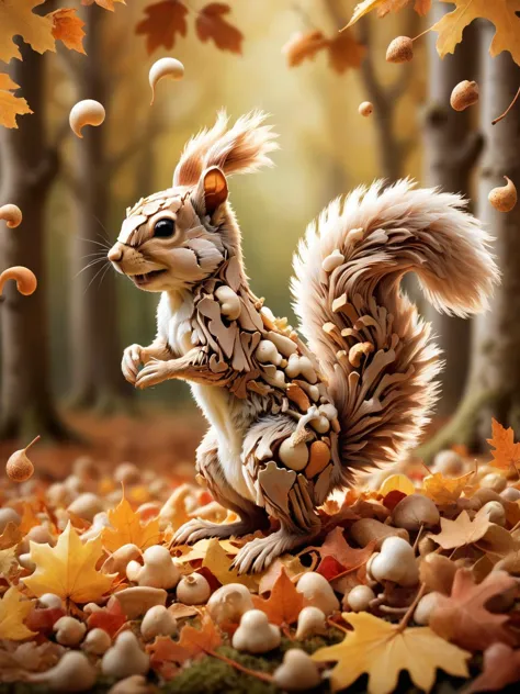 A ral-bnz squirrel with a whimsical bushy tail, playfully leaping among autumn leaves, creating a soft clinking melody as it moves. <lora:ral-bnz-sdxl:1>, <lora:EnvyBetterHiresFixXL01:0:hr=1>