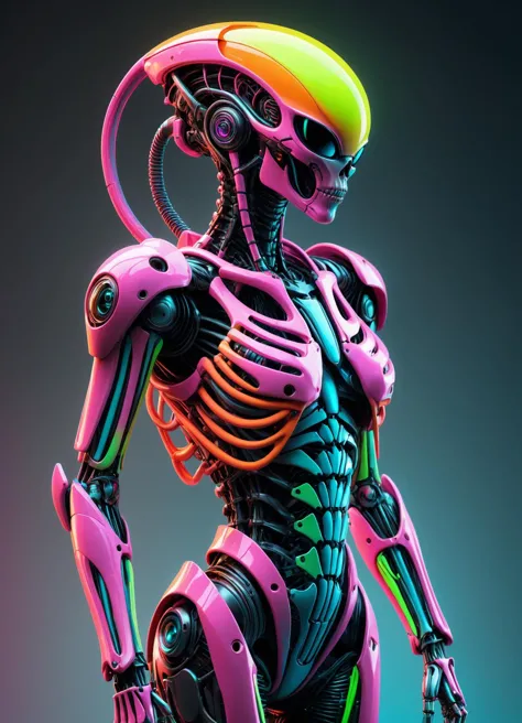 biomechanical style Ombre color scheme of neon pink, neon blue, neon yellow, neon green, neon orange, hyperrealistic art Alien-cyborg hybrid, exoskeleton, bones and metal, plain background, hyperrealism, photorealistic, 8k, Unreal Engine, 3d render  <lora:ral-bnz-sdxl:0.4> ral-bnz, subsurface scattering, Photorealistic, Hyperrealistic, analog style, realistic, film photography, soft lighting, heavy shadow . extremely high-resolution details, photographic, realism pushed to extreme, fine texture, incredibly lifelike  . blend of organic and mechanical elements, futuristic, cybernetic, detailed, intricate