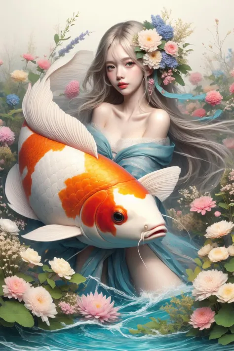 2d, 1girl, hair ornament, flower,
big fish, solo, looking at viewer,
 <lora:é²¤é±¼å§¬:1>