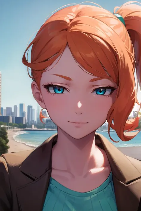 a woman with red hair and blue eyes standing in front of a city