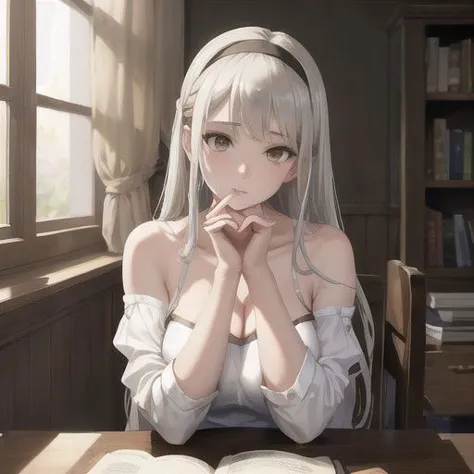 anime girl with long white hair sitting at a table with a book