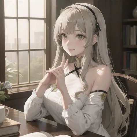 anime girl sitting at a table with a book and a cup of coffee