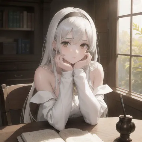 anime girl with long white hair sitting at a table with a book