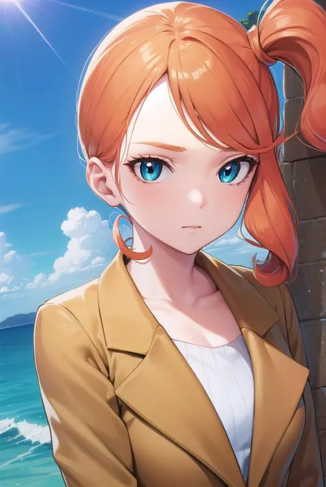 a woman with red hair and blue eyes standing in front of a beach