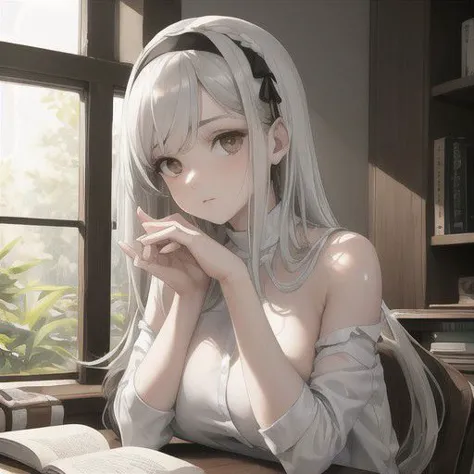 anime girl with long hair sitting at a table with a book