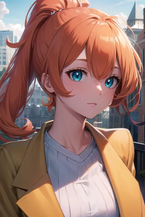 a woman with long hair and a ponytail is standing in front of a city