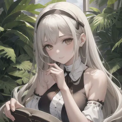 anime girl reading a book in a garden with plants