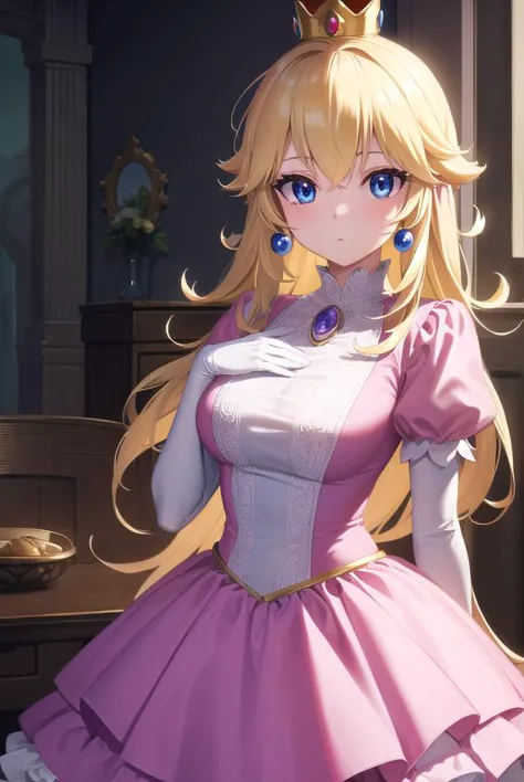 princesspeach, <lyco:princesspeach-lyco-nochekaiser:1>,
princess peach, blonde hair, blue eyes, long hair,
BREAK crown, dress, gem, gloves, pink dress, puffy short sleeves, puffy sleeves, short sleeves, white gloves,
BREAK indoors,
BREAK looking at viewer, (cowboy shot:1.5),
BREAK <lyco:GoodHands-beta2:1>, (masterpiece:1.2), best quality, high resolution, unity 8k wallpaper, (illustration:0.8), (beautiful detailed eyes:1.6), extremely detailed face, perfect lighting, extremely detailed CG, (perfect hands, perfect anatomy),