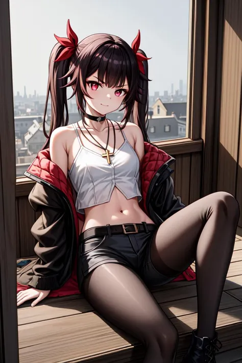 sparkle \\\(honkai: star rail\\\), mask, twintails, (black hair:1.2), long hair, smile, choker, bangs, red eyes,  
1girl, solo, sitting, spread legs,midriff,bangs, closed mouth, staring, looking at viewer, V-shaped eyebrows, frown, necklace, hand on own knee, black pantyhose,  long sleeves, choker, crop top,  white crop top, white shirt, breasts, navel, cross-laced, skin tight, shiny, skindentation, white jacket, open jacket, coat, jacket on shoulders, off shoulder, black shorts, belt, boots,  black footwear,  combat boots, sitting on stairs, stairs,, weird atmosphere, (best quality:1.1), (masterpiece:1.2), high quality shadow, beautiful detailed, (high detailed skin, skin details), (wide_landscape, 8k), beautiful face, detailed eyes, depth of field, dramatic light, best quality, highres, best shadow, best illumination,