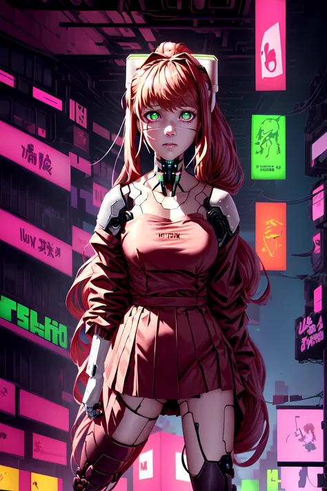 1girl, (monika (doki doki literature club):1.2), brown hair, bangs, very long hair, ponytail, hair bow, blazer, neck ribbon, green eyes, looking at viewer, city, background, technology, robot, (cyberpunk, neon, glow, rgb, robot:1.2), metal legs, headset, vibrant, 