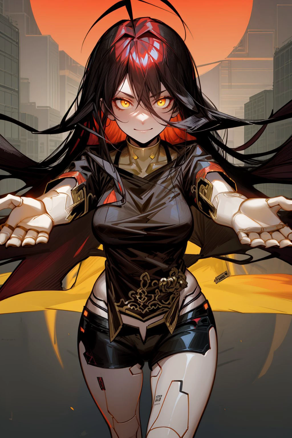 best quality, very detailed, chinese style, mature female, medium breasts, yellow eyes, golden eyes, glowing eyes, smirk, android-seams, (multicolored hair:1.2), green and black hair, very long hair, messy hair, ahoge, hair between eyes, hair over shoulders, arms toward viewer, (detailed hands:1.2), oversized black t-shirt, short sleeves, military shorts, cyberpunk, yellow and red theme, detailed background, city landscape