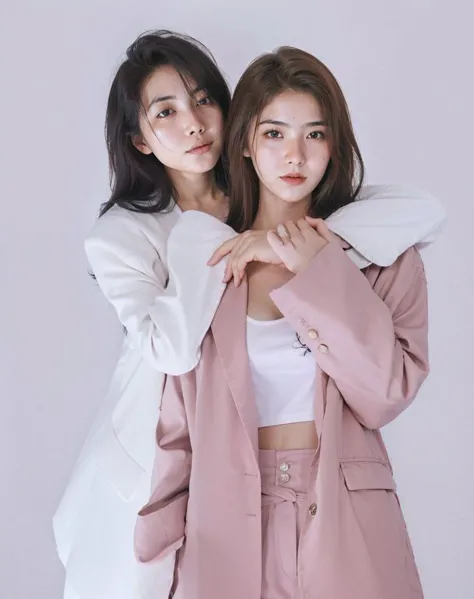 two young women in pink blazers posing for a photo