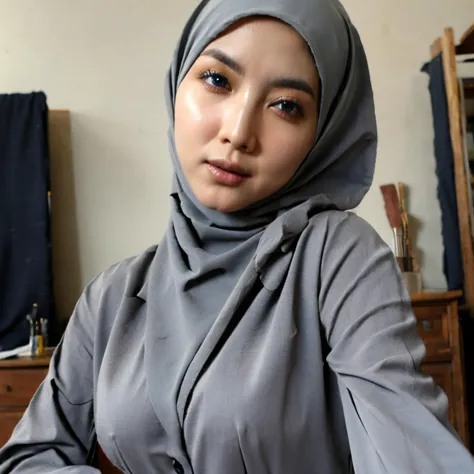 a close up of a woman wearing a gray hijab