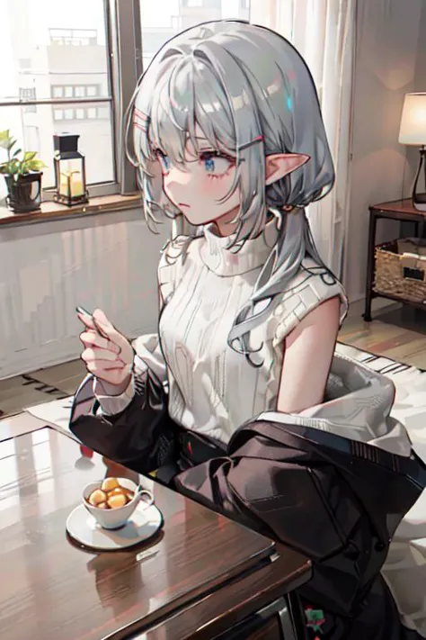 anime girl sitting at a table with a plate of food