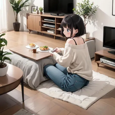 最高品質, 非常に詳細な, 図, 
Kotatsu, 植物, 黒髪, テレビ, 屋内, potted 植物, ショートヘア, 座っている, 皿, ソファー, 食べ物, 長袖, ラグ, 木の床, セーター, シャツ, ホールディング, 
 