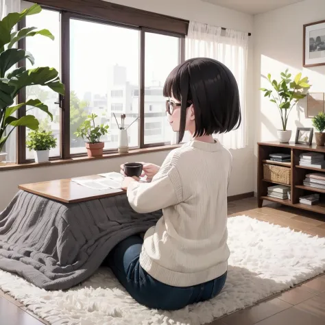 最高品質, 非常に詳細な, 図, 眼鏡, 笑顔,
Kotatsu, 植物, 屋内, 一人で, 黒髪, 座っている, potted 植物, 1人の女の子, カップ, セーター, 食べ物, 新聞, 長袖, 背後から, 窓, grey セーター, ラグ, 
 