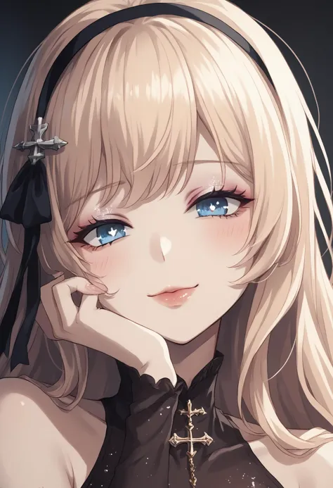 score_9, score_8_up,score_7_up, score_6_up, score_5_up, score_4_up, illustration
BREAK leander \(azur lane\), hairband, blonde, blue eyes, long hair, bangs, sparkling eyes, glossy nude lips, glitter silver eyeshadow, mascara, winged_eyeliner, shy smile, blush, black glitter dress, baggy clothing, close-up
<lora:leander_ponyXL_v10:0.5> <lora:MakeupMaster_ponyXL_v10:0.8> <lora:Caliginous_ponyXL_v10:1>