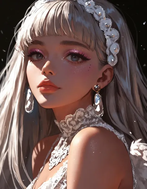 score_9, score_8_up, score_7_up, 1girl , lace headband, lace dress, winged eyeliner, false eyelashes, white glitter eyeshadow, f...