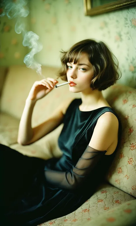 The style of marianna rothen, Contemporary photography, a lazy and carefree lovely girl, 18years old, with short hair, smoking o...