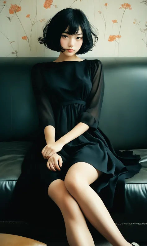 Japanese girl, black hair, The style of marianna rothen, Contemporary photography, a lazy and lovely girl, joyful, young, 18years old, with short hair, sitting on the sofa, Put your hands around her knees, dressed in a black dress, exudes an artist's temperament. , dreamy