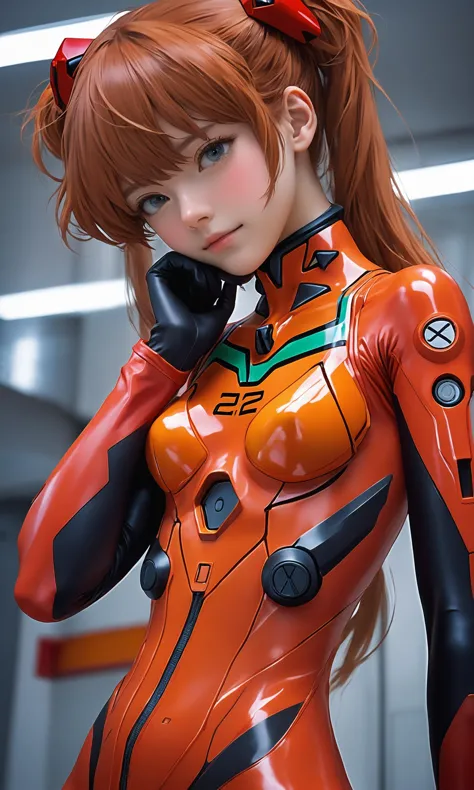 full body real - Live - action adaptation of a 3d character of Asuka Langley Soryu in plugsuit, charming face, NeonGenesis Evang...