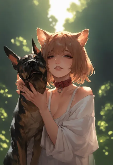 a woman with a cat ears holding a dog in her arms