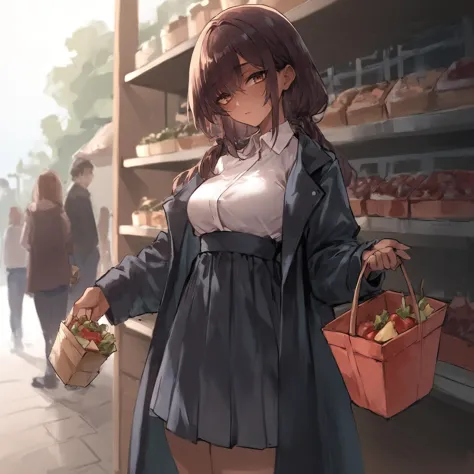 anime girl in a supermarket with a basket of fruit