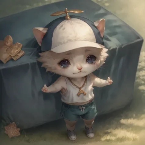 zPDXL, hi res, outside, park
BREAK solo, animal, male, anthro feline, sad cat meme cat, (chibi, smaller male:1.2), young, slim, white body, teary, nshappycap hat, tank top, jacket, shorts, sneakers, gold chain, dollar sign, jewelry
<lora:scoreSlider_ponyXL_v10:1> <lora:SadCatMeme_ponyXL_v10:0.6> <lora:polki_ponyXL_v10:0.8> <lora:PropellorHat_NSHappyCap_ponyXL_v10:1>