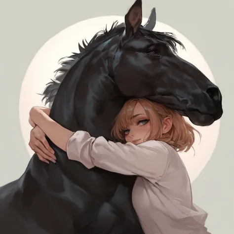 a woman hugging a black horse with a white background