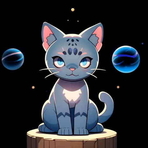 centered, cute cosmic blue cat sitting, black background, simple background, | depth of field, bokeh, | smooth detailed shadows,...