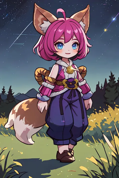 a cartoon girl with pink hair and a fox tail standing in a field