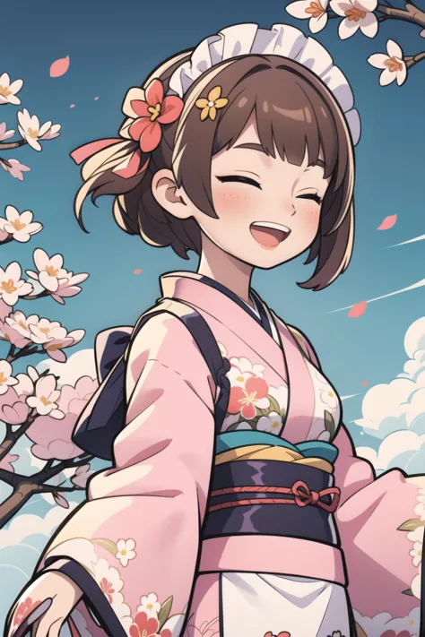1girl, closed eyes, japanese clothes, solo, short hair, hair ornament, smile, flower, brown hair, open mouth, cherry blossoms, k...