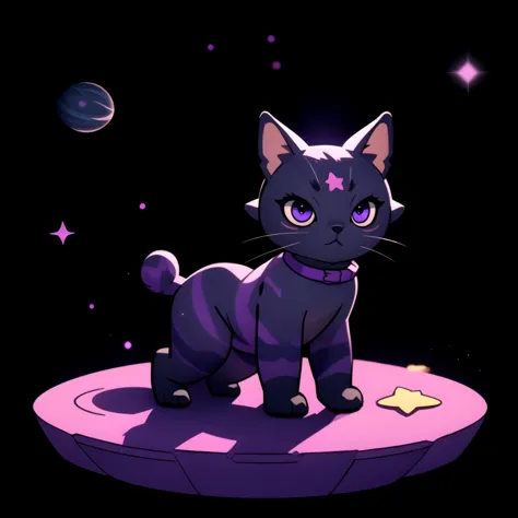 centered, cute cosmic purple cat sitting, black background, simple background, | depth of field, bokeh, | smooth detailed shadow...
