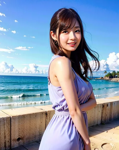a woman posing on the beach side with light purple long dress on, best quality, high res, 8k, 1girl, (huge breasts), day, bright...