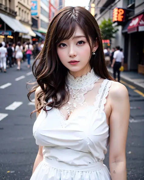 a woman posing on the street corner with white orange dress on, best quality, high res, 8k, 1girl, (huge breasts), day, bright, outdoor, (street:0.8), (people, crowds:1), (lace-trimmed dress:1.5, light white clothes:1.5, white high-neck dress:1.5, sleeveless dress, white dress: 1.5), gorgeous, (medium hair), beautiful detailed sky, beautiful earrings, (dynamic pose:0.8), (upper body:1.2), soft lighting, wind, shiny skin, looking at viewer,  <lora:JAV_Rina_I_v1.0:0.65>