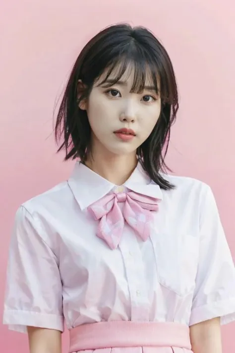 IU, Lee Ji Eun, 1girl, solo, looking at viewer, bangs, black hair, white shirt, pink skirt,  upper body,  black eyes, lips,  pin...