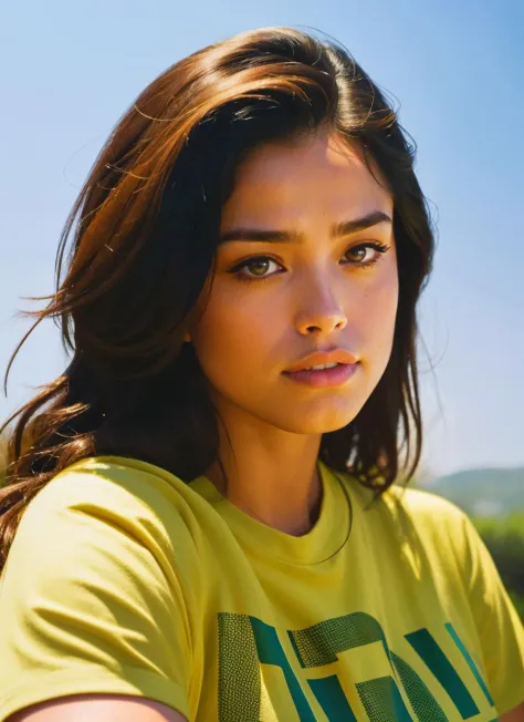 A stunning intricate color close up portrait of (ohwx woman:1) , wearing tshirt, epic character composition, sharp focus, natura...