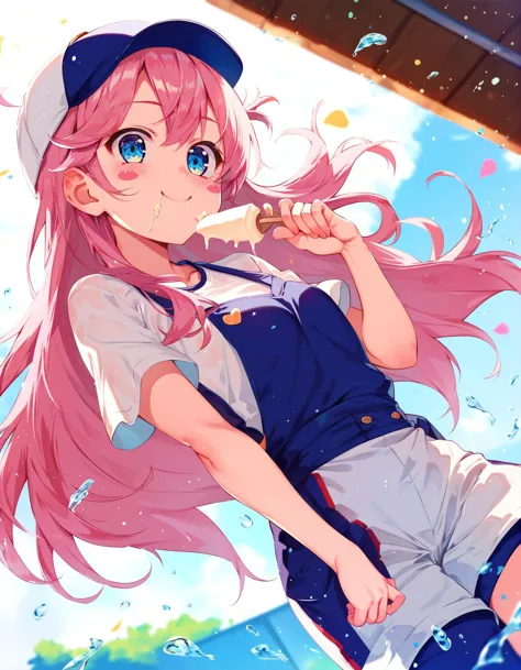 anime girl with pink hair and blue eyes holding a baseball bat