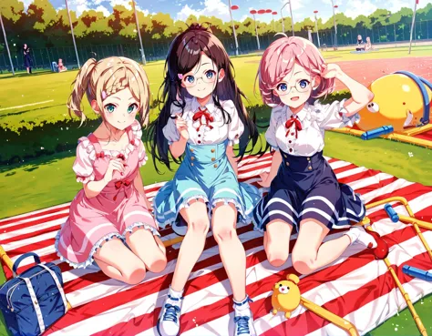 three anime girls sitting on a blanket in a park