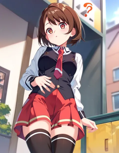 anime girl in short skirt and tie standing on a ledge