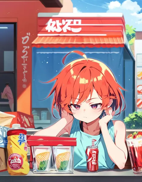 anime girl sitting at a table with soda and soda glasses