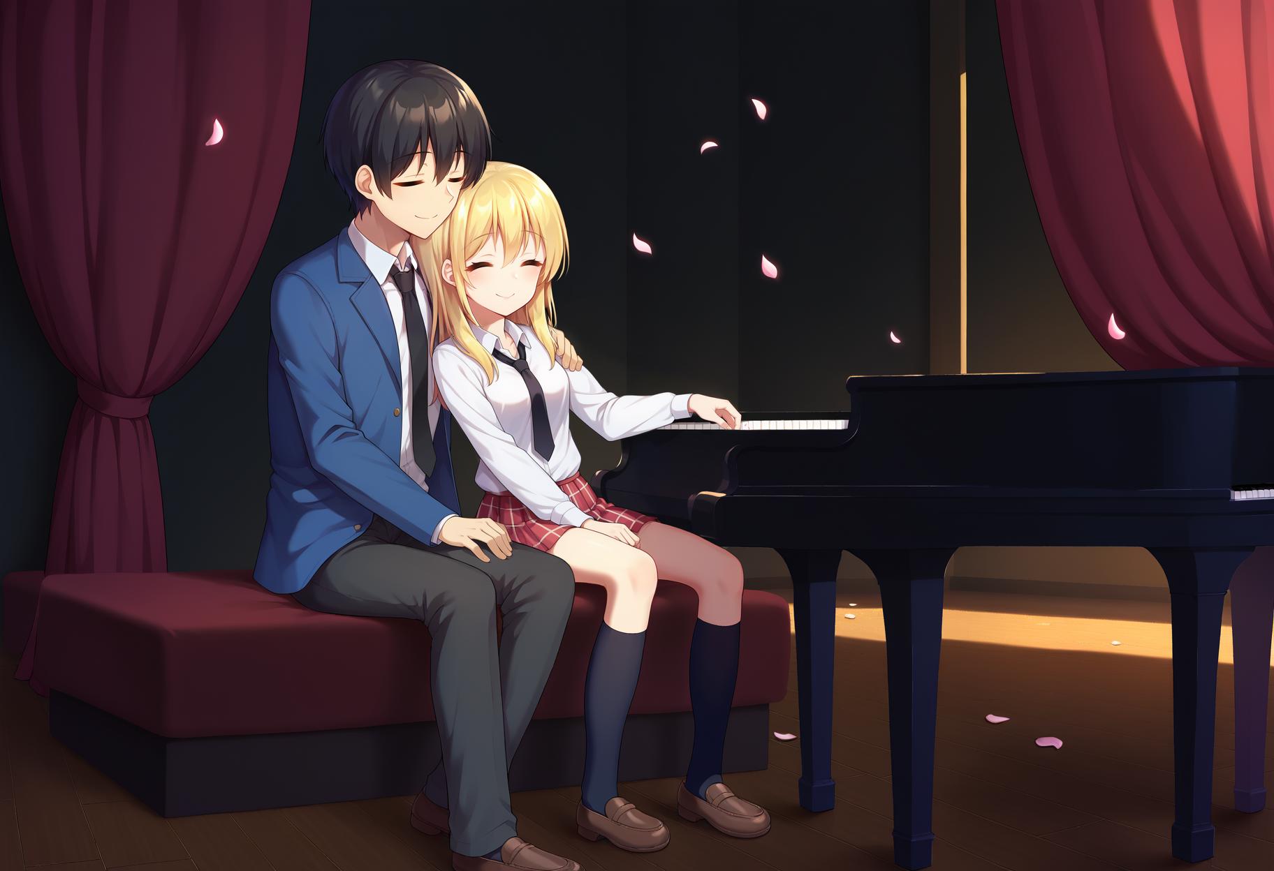 Anime couple sitting on a bench playing a piano together - SeaArt AI